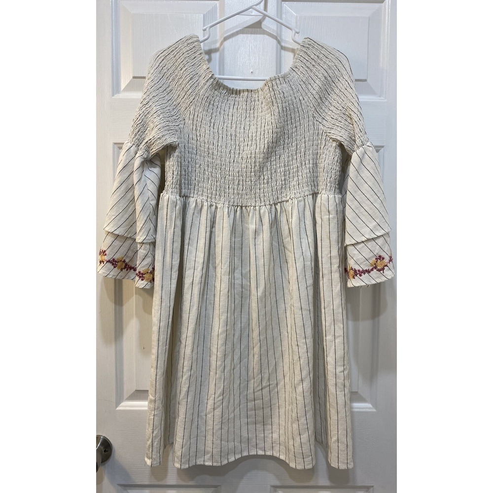 Mystree Smocked Babydoll Dress Size L Off Shoulder Tiered Embroidered Sleeve